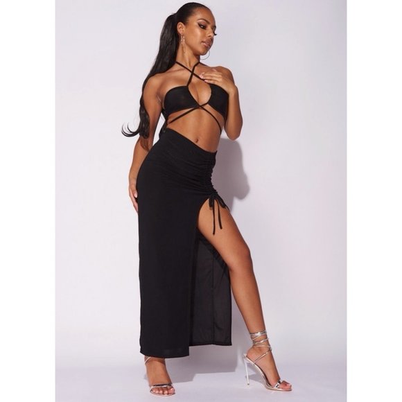 Black Sleeveless Halter Neck Crop Top and High Waist Maxi Skirt Two Piece Set - Picture 2 of 14